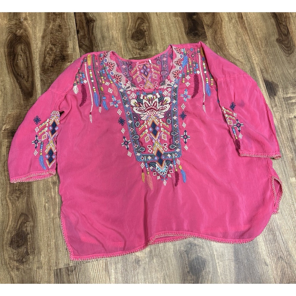Johnny Was Pink Cupra Rayon Sleeve Embroidered Boho Tunic Top S